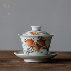 纏枝蓮三才蓋碗 仿古釉裡紅 泡茶碗 陶瓷功夫茶具, 礬紅壽桃, 1個