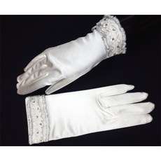 一生一世 銀色花邊燙鑽緞面手套 女童手套 兒童禮服手套 表演手套 花童手套