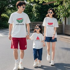 비브랜드 가족 여름 수박 프린트 티셔츠 부모자녀 커플룩 라운드넥 면 반팔