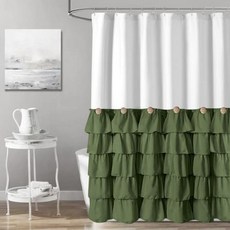 Seasonwood 스몰 스톨 팜하우스 샤워 커튼 91.4x182.9cm(36x72인치) 하프 사이즈 화이트 91.4 x 182.9cm(36 72인치) 패브릭 버튼 및 러플, 화이트 그린