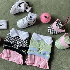 廠家直發風秋冬韓國棊盤格網球王子係列套裝撞色裙擺T恤狗狗保暖 EI8O, 黑白格-網球服T恤（不含帽子）,L, 1個