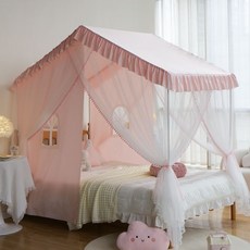 공주스타일 어린이 침대커튼 텐트 모기장 캐노피 북유럽 커텐 지붕 프레임, 프린세스 핑크+브래킷+커튼 2개