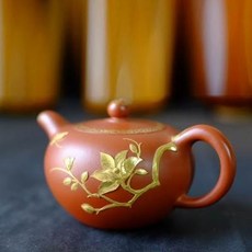 紫砂花紋茶壺, 名家作品黃龍山原礦朱泥全手堆花描金宜興正品紫砂壺收藏1入 -, 1個, 1L