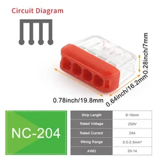 스너그데이즈 10PCS 미니 퀵 와이어 커넥터 2/3/4/5/6/8 포트 터미널 블록 하드 와이어 간편 전기 퀵 푸시, 02 10PCS, 06 NC-204