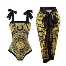 Cerdexon 여성용 원피스 수영복 비치 커버업 랩 스커트 사롱 레트로 플로럴 프린트 비키니 세트 골드와 블랙. 110821, XXL, 골드와 블랙