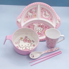 兒童餐具 寶寶餐具 可愛兒童餐具套裝6到20歲寶寶飯碗kt貓兒童碗防摔學生宿舍飯碗勺兒童餐, 中號粉色草莓kt把手碗（550毫升）,碗+筷子, 1個