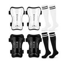 Hryrbay 아동용 축구 정강이 보호대 및 양말 2쌍 세트 유아 패드 보호 장비 만 3-15세 남아 여아용 훈련 또는 월드컵에서 영감을 얻은 게임에 적합 블랙 로열 블, Black, White