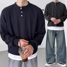 남녀공용 S-4XL 버튼 헨리넥 링클프리 오버핏 맨투맨 니트