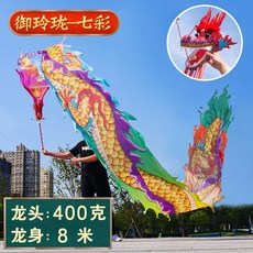 廣場舞龍鋼架龍頭健身龍帶甩彩帶初學成人中老年中國耍龍運動道具, 1個, 8米龍身+400剋熟料龍頭+藍黑甩繩+背, 黑色 禦玲瓏 綢佈款