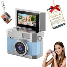 2026 새 미니 디지털 카메라 1.47인치 플립 LCD 화면 1080p 복고풍 CCD 32/64/128GB 카드 키체인 목걸이 포함 인생의 아름다운 순간 기록하기 (파랑 3, 32GB, 파란색