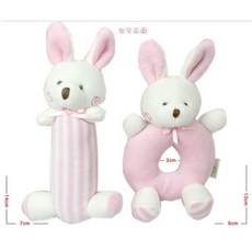 寶寶玩具AE 手搖圈棒搖鈴套裝 商檢合格 純棉毛絨 嬰兒手搖鈴玩具 天鵝絨, 1個, 粉色兔子 手搖圈+棒套裝, 粉色