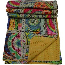 퀸/트윈/킹 인디언 멀티 패치워크 이스라엘 레스 프린트 던지기 리버서블 담요 칸타 퀼트 에스닉 스티치 베드커버 보헤미안 플로럴 컴포트 퀼팅 (90X108 인치), 90X108 인치