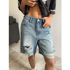 歐美風破洞牛仔 夏季寬鬆直筒中褲 高腰顯瘦毛邊做舊五分褲潮