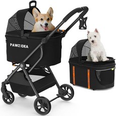PAWZIDEA 반려동물 유모차 4 in 1 분리형 노집 캐노피가 장착된 고양이 유모차 카시트 여행용 휴대용 반려견 상자 소형/중형 및 고양이용 접이식 경량 조거 수납 바구, Black Warrior, Detachable