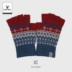 體溫魔術師 MIT台灣製 女士皮標圖騰半指針織手套 格紋毛線保暖手套, 紅, 1個
