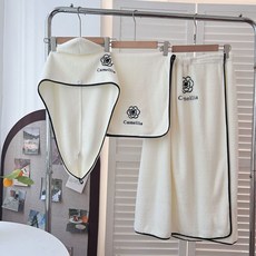 台灣出貨 山茶花浴巾浴袍 女用可穿式浴裙 全身一體公主風柔軟吸水浴巾, 山茶花【浴裙+毛巾+干發帽】, 1個