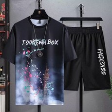 休閒短袖套裝 運動套裝 漸變印花短袖T恤與短褲兩件組