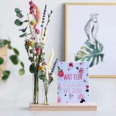 木質名片架乾燥花擺件含玻璃瓶，永生花木頭卡片座留言夾照片夾名片架相片架明信片, 木質底座*1+玻璃管*2, Multi-color