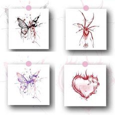 暫時性紋身貼紙 水彩風格蝴蝶蜘蛛愛心刺青貼紙 7x8cm, 4個, 黑殘蝶+紫殘蝶+玫瑰蛛+愛心蛇