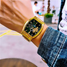 奧古拉斯自動手錶男，鏤空夜光防水月相陀飛輪機械錶，酒桶型商務休閒男錶, 金鋼黑面 鋼帶款, 1個