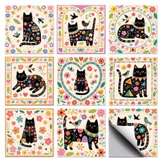 PVC 타일 시트지 세트 다양한 패턴 방수 주방 욕실 리폼 장식 10x10cm 9가지 다른 디자인 1세트 총 36개, 검은 고양이
