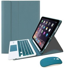 Powerway iPad 9.7吋專用藍牙鍵盤滑鼠皮套五合一，觸控板鍵盤筆槽設計，輕巧便攜，一年保固, 軍墨綠(綠色鍵帽/綠色滑鼠)