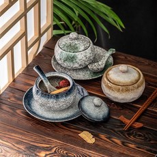 瓦罐燉盅 陶瓷小瓦罐 煲湯罐 煨湯 茶碗蒸杯 蒸蛋碗 煨湯罐 耐高溫陶瓷隔水燉 家用日式複古家用隔水燉盅陶瓷商用一, 藍月,石藝燉盅+湯勺+盤, 1個