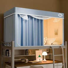 遮光宿舍床簾 蚊帳一體式卡通全包圍防蚊 純天藍 五面遮光+靠牆儲物簾 0.9m牀下鋪單開門 高90cm, 純天藍【無塗層/五面遮光+靠牆儲物簾,0.9m牀下鋪單開門【高90cm