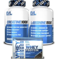 EVLUTIONNUTRITION 肌酸1000素食膠囊 60顆入+L-精胺酸1500膠囊 50顆入+乳清蛋白雙倍濃郁巧克力口味 396.9g, 1個