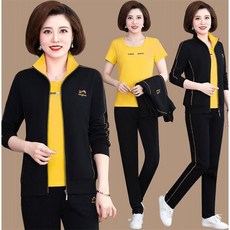 남극인 엄마 봄옷 2022 중노년층 트레이닝복세트 여성 봄가을 빅사이즈 중년 쓰리 피스이다, 1개, 블랙 엘로 (반팔 이너웨어 )_코트