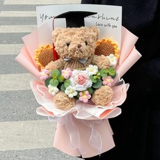 創意中高考向日葵毛線玫瑰花束可愛公仔熊玩偶手捧花兒童畢業禮物, 1個, 大號粉色畢業熊(送禮袋賀卡燈)