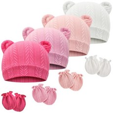 신생아 아기 모자 및 벙어리 장갑 세트 곰 귀 유아 유아 비니 캡 신생아 병원 모자 남아 여아용 0-3개월 곰 귀 L, 밀 패턴 곰 귀 N