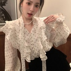 투니스 여성 폴카 도트 리본 루즈핏 긴소매 셔츠