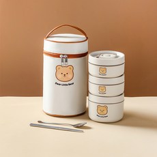 304不鏽鋼保溫飯盒保溫桶微波爐學生雙層帶蓋圓形食品級便當餐盒, 1個, 小熊2小1大+餐具+保溫袋【微波爐/保溫通用】