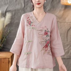 ORZQU 여성 여름 생활한복 면 린넨 셔츠 브이넥 자수 개량한복