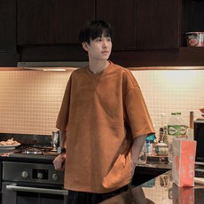 ANYOU 남성 스웨이드 오버핏 반팔 티셔츠 무지 반소매 상의