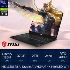 MSI 2024 스텔스 18 코어Ultra9 지포스 RTX 4080, 미드나이트블랙 + 블루펄, 2TB, 32GB, WIN11 Pro, 18AIA1VHG-U94KMiniLEDWIN11