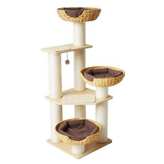 藤編貓爬架 粗柱子貓樹別墅 多層貓跳台劍麻柱 貓窩貓抓板貓跳台劍麻貓別墅, 1個, PE仿藤頂部貓籃(咖啡色墊子)