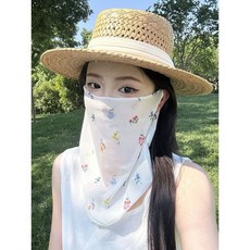 防曬面罩 新款防曬面罩女夏季開車騎行防紫外線遮陽護頸遮全臉薄款透氣臉罩, 1個, 白底鮮花面罩