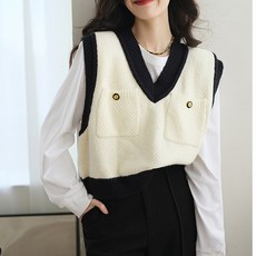 한국판 루즈핏 슬림핏 만능 스웨터 니트 조끼 작은 향수 스타일 패션 배색 V 여성용 칼라 조끼