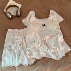夏季 冰絲 睡衣女 短袖短褲 圓點家居服套裝 附胸墊