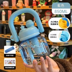 兒童卡通拎拎壺 雙飲吸管杯 850ML 大容量便攜塑膠水杯 附茶漏, 拎拎壺 天藍 850ML, 1個