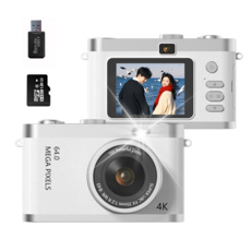 SMABAT 디지털 카메라 셀카렌즈 빈티지 Y2K 디지털 카메라 6400만 4k 화소 SD카드포함, 화이트