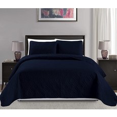 Mk Collection 풀 퀸 사이즈 오버 254cm x 269cm 3피스 다이아몬드 침대보 침대 커버 엠보싱 솔리드 베이지 뉴 183284, Navy Blue