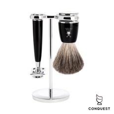 CONQUEST 德國 MUHLE 穆勒 S81M226SR Rytmo頂級三件修容套組 紳士手動刮鬍刀 拋光黑, 1個