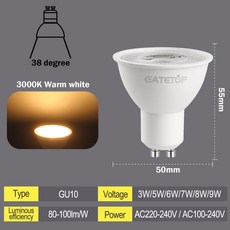 가정용 LED 스포트라이트 할로겐 램프 GU10 전구 5W 6W 7W 8W 9W AC 220V 100V 교체 30W 40W 50W 10, 38degree 3000K, AC220-240V, 1개