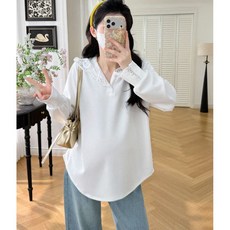 임산부 봄 긴팔 후드 맨투맨 임부 레이스 패치 후드 긴팔 티셔츠 루즈핏 편안한 데일리 코디 상의 YXF