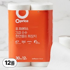오프라이스 3겹 천연펄프 화장지, 30m, 12롤, 1개