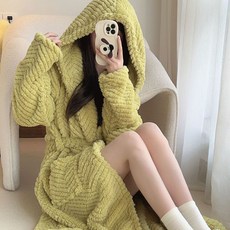 法蘭絨連帽睡袍 加厚加絨秋冬季長款家居服