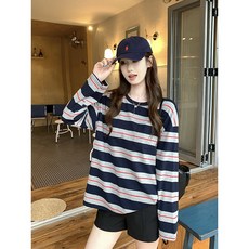 투니스 여성 라운드넥 스트라이프 루즈핏 긴소매 티셔츠